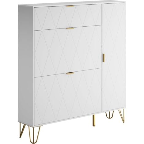 UEV Armoire à Chaussure Inclinable, Meuble à Chaussure pour 16 Paires de Chaussure, Rangement Chaussure, Etagère Caché et Cabinet Botte sur Côté (Blanc)