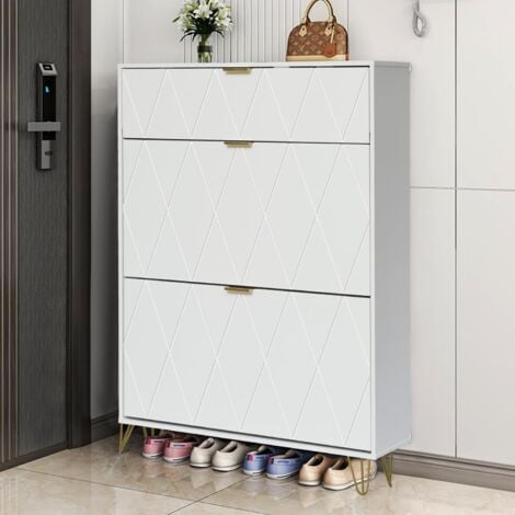 UEV Armoire à Chaussure Inclinable, Meuble à Chaussures pour 16 Paires, 3 Compartiments (2 Rangements Chaussure+1 Étagère Caché) (80 x 24 x 120 cm, Blanc)