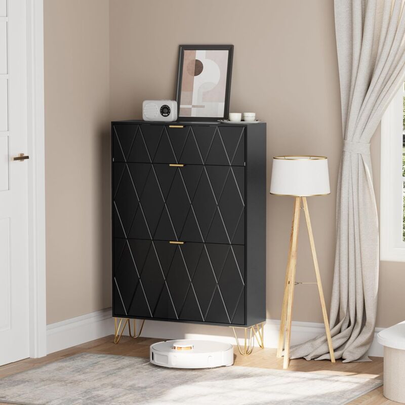 UEV - Armoire à Chaussure Inclinable, Meuble à Chaussures pour 16 Paires, 3 Compartiments (2 Rangements Chaussure+1 Étagère Caché) (Noir, 80 x 24 x