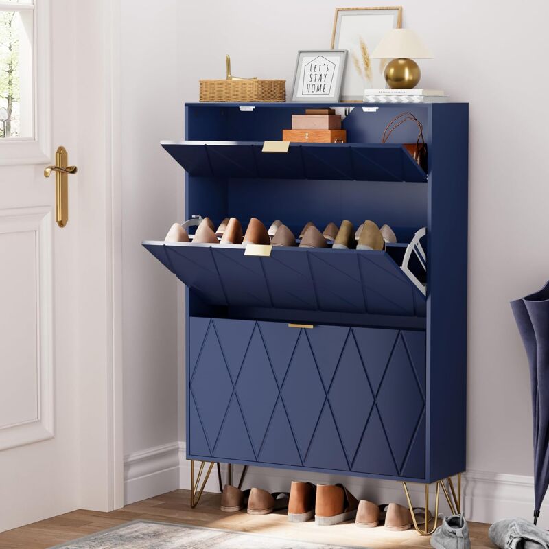 UEV - Armoire à Chaussure Inclinable, Meuble à Chaussures pour 16 Paires, 3 Compartiments (2 Rangements Chaussure+1 Étagère Caché) (Bleu Marine, 80 x