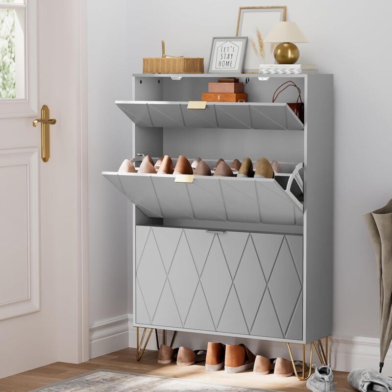 UEV - Armoire à Chaussure Inclinable, Meuble à Chaussures pour 16 Paires, 3 Compartiments (2 Rangements Chaussure+1 Étagère Caché) (Gris, 80 x 24 x