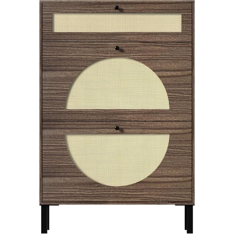 UEV - Armoire à Chaussures avec 2 Rangements Chaussure et 1 Tiroir, Meuble à Chaussures en Rotin, Rangement à Chaussures Étroite, Commode à