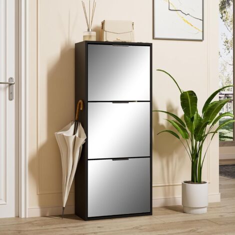 UEV Armoire à Chaussures avec Miroir, Étagère à Chaussures avec 3 Compartiments, Meuble de Rangement pour Chaussures, Étagère Réglable et Amovible, pour Couloir, Entrée, 50 x 23 x 121,5 cm, Noir
