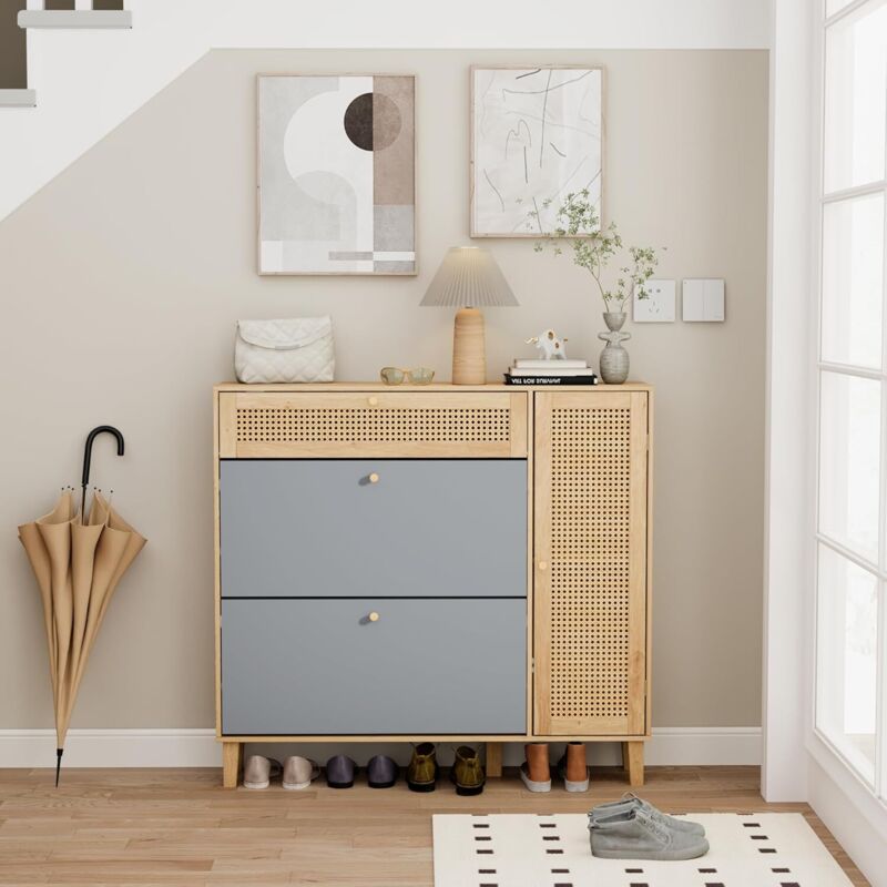 UEV Armoire à Chaussures en Rotin, Meuble à Chaussures Inclinable, 4 Compartiments (3 Rangements Chaussure+1 Étagère Caché), Cabinet Botte sur Côté,