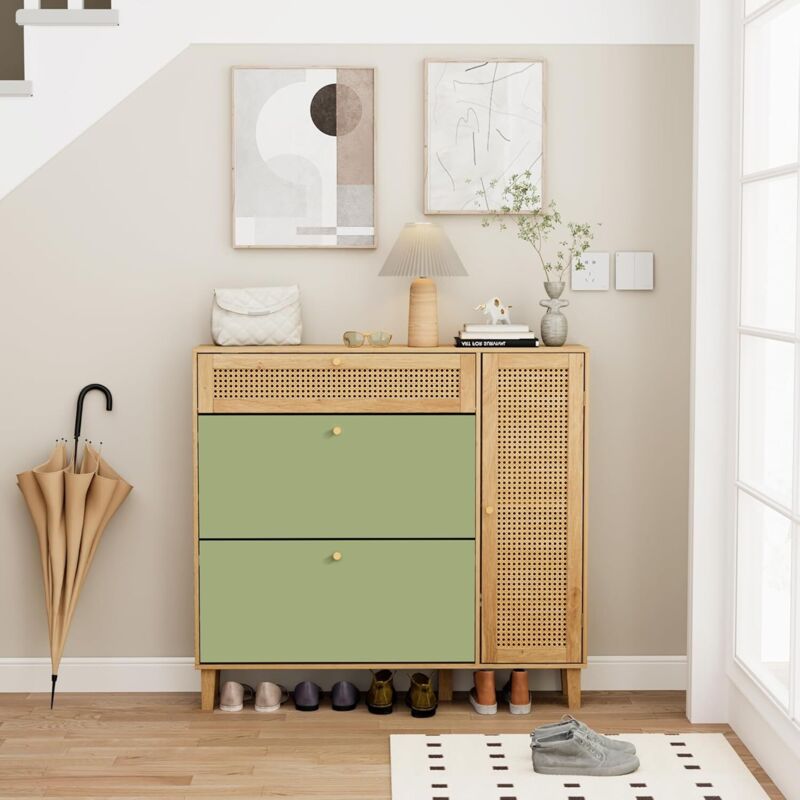 UEV Armoire à Chaussures en Rotin, Meuble à Chaussures Inclinable, 4 Compartiments (3 Rangements Chaussure+1 Étagère Caché), Cabinet Botte sur Côté,