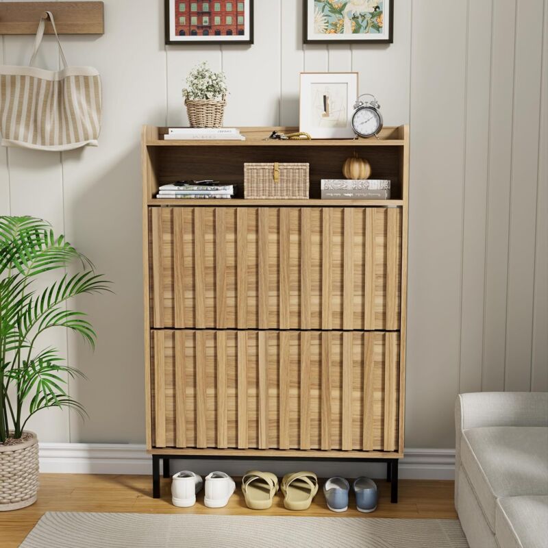 UEV - Armoire à Chaussures, Meuble à Chaussures Inclinable, 3 Compartiments (2 Rangements Chaussure+1 Étagère Ouvert), Motif de Ligne, Étagères