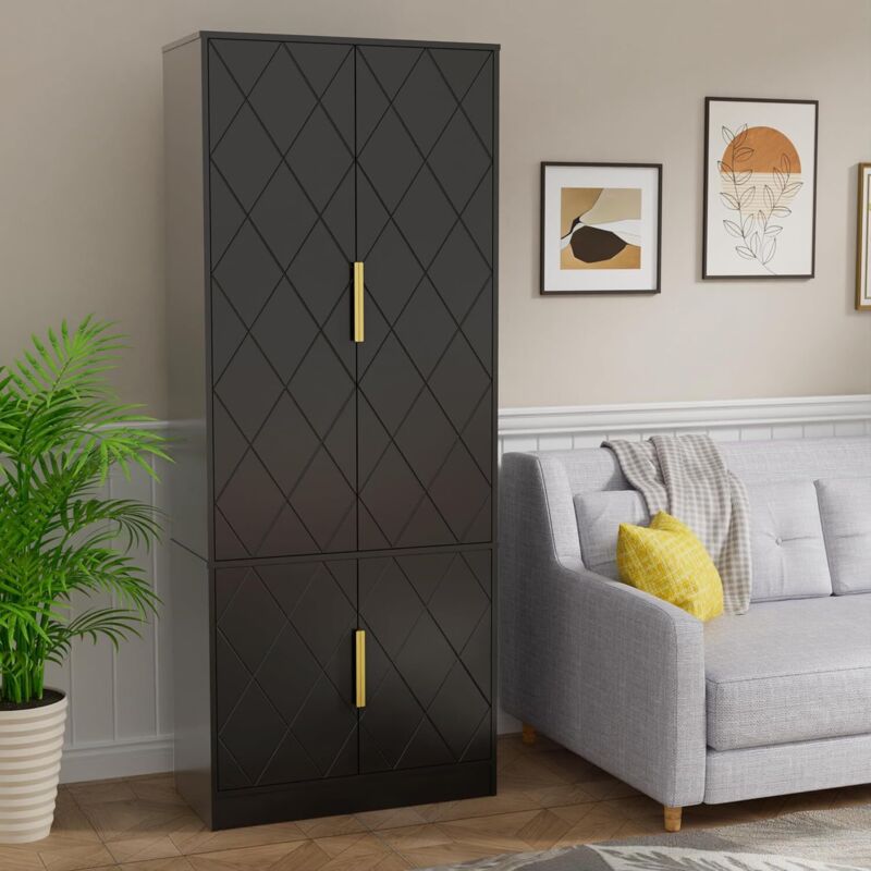 Armoire de Rangement à 4 Portes, Meuble Haute de Rangement, Buffet de Cuisine, Garde-Robe, Étagères Réglables, Motif en Ligne, Manche Doré, pour