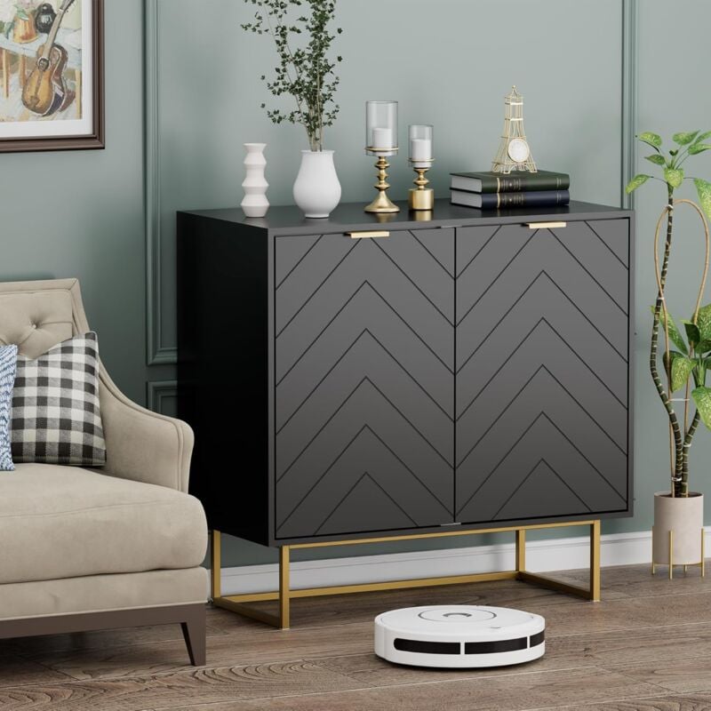 Buffet Bas à 2 Portes, Armoire de Rangement avec Étagère Réglable à 3 Positions, Support 65kg, Manche et Pieds en Métal Couleur Doré, pour Salon,