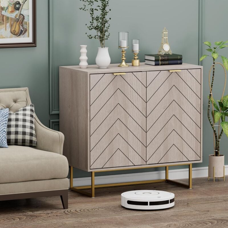Buffet Bas à 2 Portes, Armoire de Rangement, avec Manche en Métal Couleur Doré, pour Salle à Manger, Chambre, Salon, Bureau (Naturel) - UEV