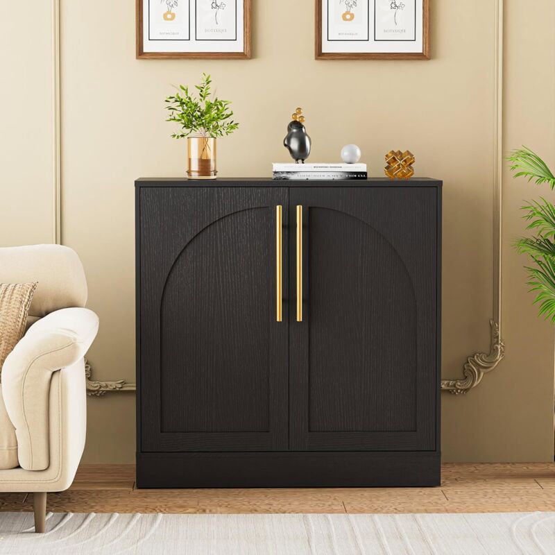 UEV Buffet Bas à 2 Portes, Meuble de Rangement avec Manche en Métal Doré, Étagère Réglable et Amovibles, Porte à Motif en Arc, Support 50kg, pour