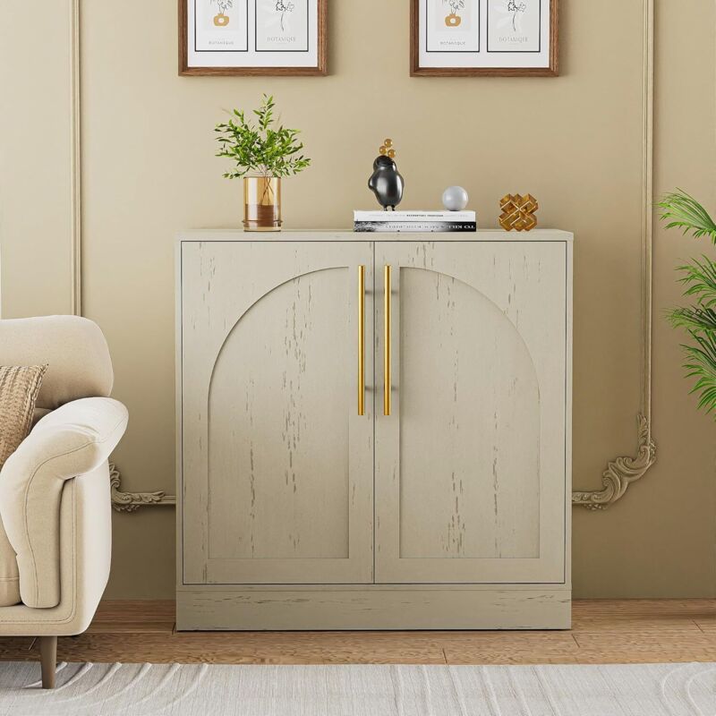 UEV Buffet Bas à 2 Portes, Meuble de Rangement avec Manche en Métal Doré, Étagère Réglable et Amovibles, Porte à Motif en Arc, Support 50kg, pour