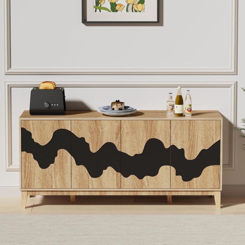 UEV - Buffet Bas à 4 Portes 160cm, Armoire de Rangement, Vaisselier en Bois, Motif Vague Irrégulière, Étagère Réglable à 3 Positions, pour Salle à