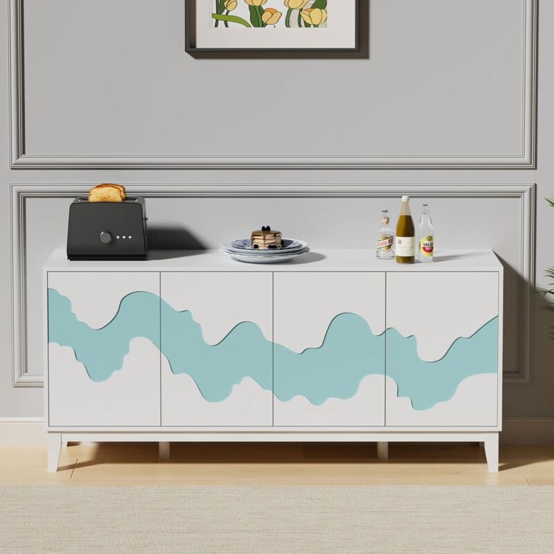 UEV - Buffet Bas à 4 Portes 160cm, Armoire de Rangement, Vaisselier en Bois, Motif Vague Irrégulière, Étagère Réglable à 3 Positions, pour Salle à