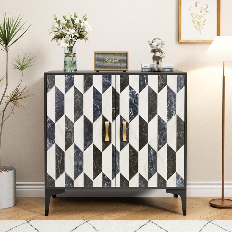 Buffet Bas Scandinave, Armoire de Rangement, avec 2 Portes, Surface Couleur de Blanc/Noir, Manche en Métal Couleur Doré, pour Salon, Chambre, Studio,