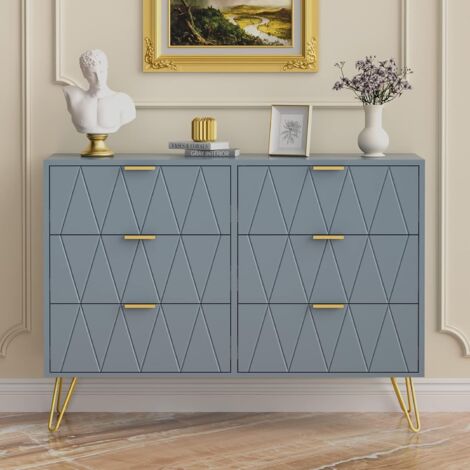 UEV Cassettiera 6 Cassetti, Comò in Legno, Mobile Cassettiera Salvaspazio per Camera da Letto, Soggiorno, 100 x 34 x 73cm, Blu Grigio