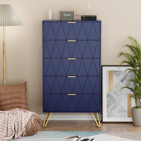 UEV Cassettiera a 5 Cassetti, 60 x 34 x 110 cm, Cassettiera Moderna, Credenza con Cassetti, Cassettiera Stretta per Soggiorno, Camera da Letto, Corridoio, Blu