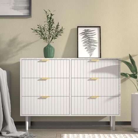 UEV Cassettiera Bianca Camera da Letto, Comò 6 Cassetti con Motivi a Marmo, Mobile in Legno, Credenza per Soggiorno, Corridoio, Scandinavia, 34P x 100l x 75H cm
