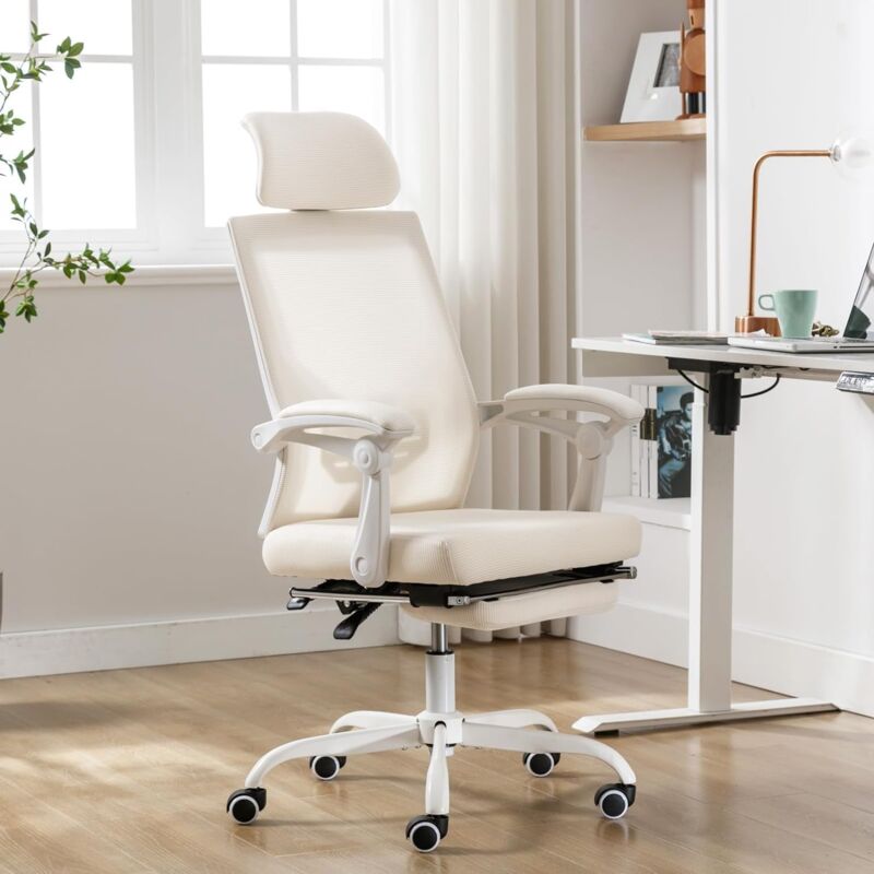 UEV Chaise Bureau Ergonomique, Chaise de Bureau avec roulettes et Accoudoirs, Hauteur et Appui-tête Réglable, Repose Pieds, Capacité 136kg, Fabriquer