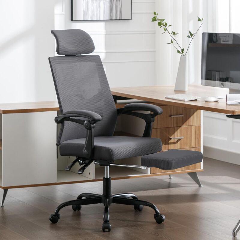 UEV - Chaise Bureau Ergonomique, Chaise de Bureau avec roulettes et Accoudoirs, Hauteur et Appui-tête Réglable, Repose Pieds, Capacité 136kg,