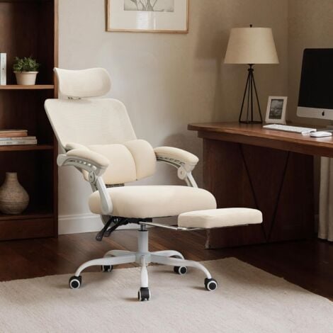 UEV Chaise Bureau Ergonomique, Fauteuil avec Appui-tête et Repose-Pieds, Support Lombaire Réglable, Hauteur du Siège Réglable, Inclinaison de 90° à 135°, Capacité 150kg, Beige