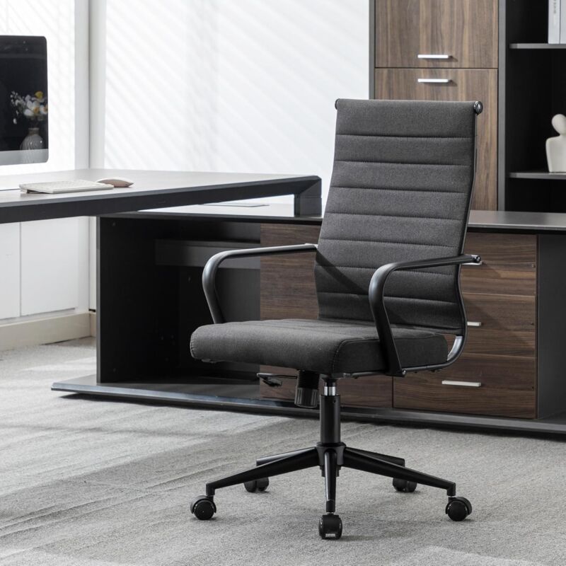 Chaise de Bureau Ergonomique avec Accoudoirs, Pivotante à 360°, Hauteur Réglable, en Lin, Gris Foncé - UEV