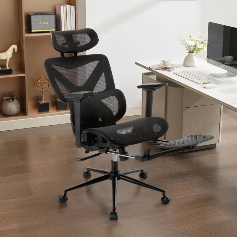 UEV - Chaise de Bureau Ergonomique, Chaise Bureau avec Accoudoirs 3D, Fauteuil avec Repose-Pieds et Support Lombaire, Hauteur Réglable, en Maille
