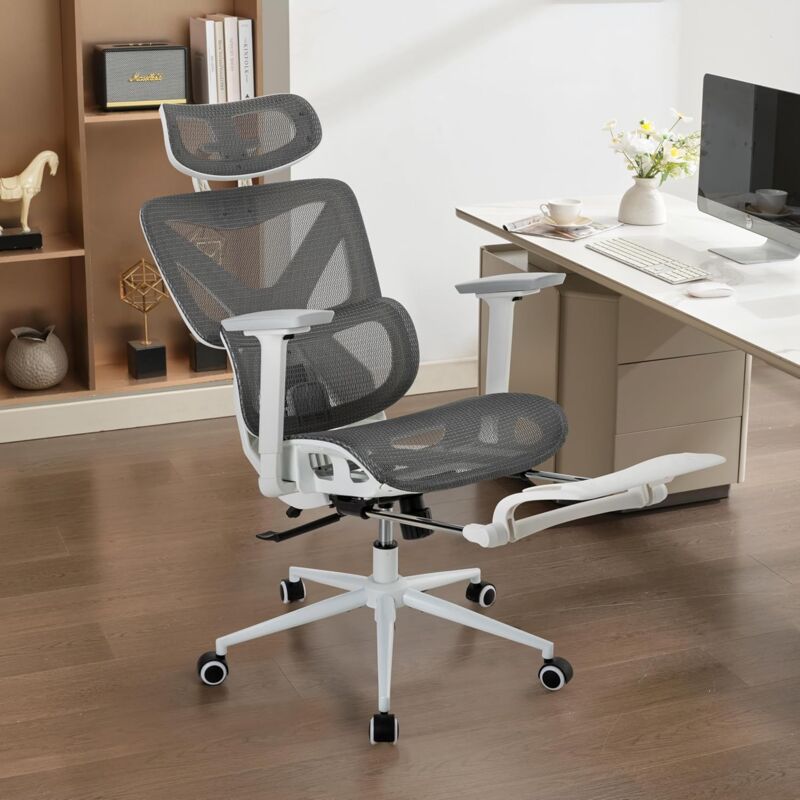 UEV - Chaise de Bureau Ergonomique, Chaise Bureau avec Accoudoirs 3D, Fauteuil avec Repose-Pieds et Support Lombaire, Hauteur Réglable, en Maille