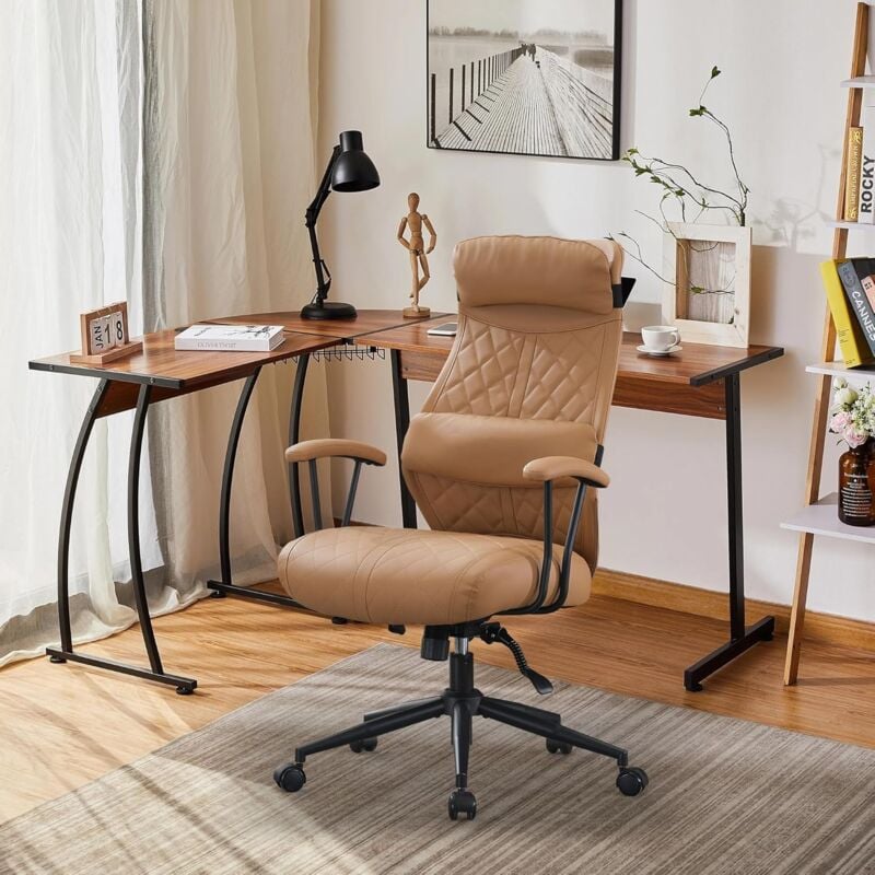 UEV - Chaise de Bureau Ergonomique en Cuir avec roulettes, Pivotante à 360°, Chaise de Bureau à Dossier Haut Réglable, avec Coussin de Dossier
