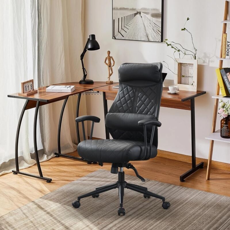 UEV Chaise de Bureau Ergonomique en Cuir avec roulettes, Pivotante à 360°, Chaise de Bureau à Dossier Haut Réglable, avec Coussin de Dossier