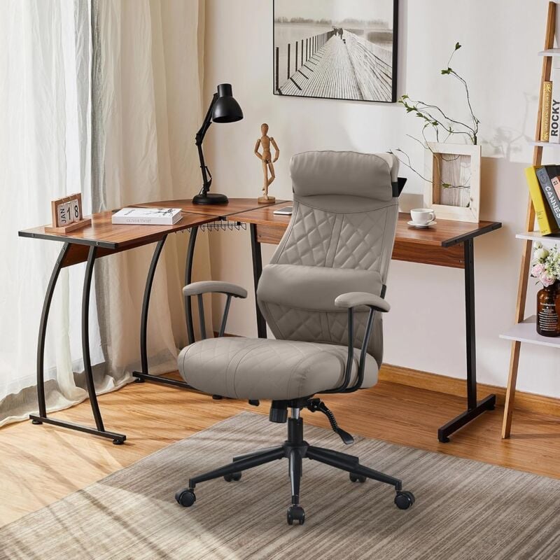 UEV - Chaise de Bureau Ergonomique en Cuir avec roulettes, Pivotante à 360°, Chaise de Bureau à Dossier Haut Réglable, avec Coussin de Dossier