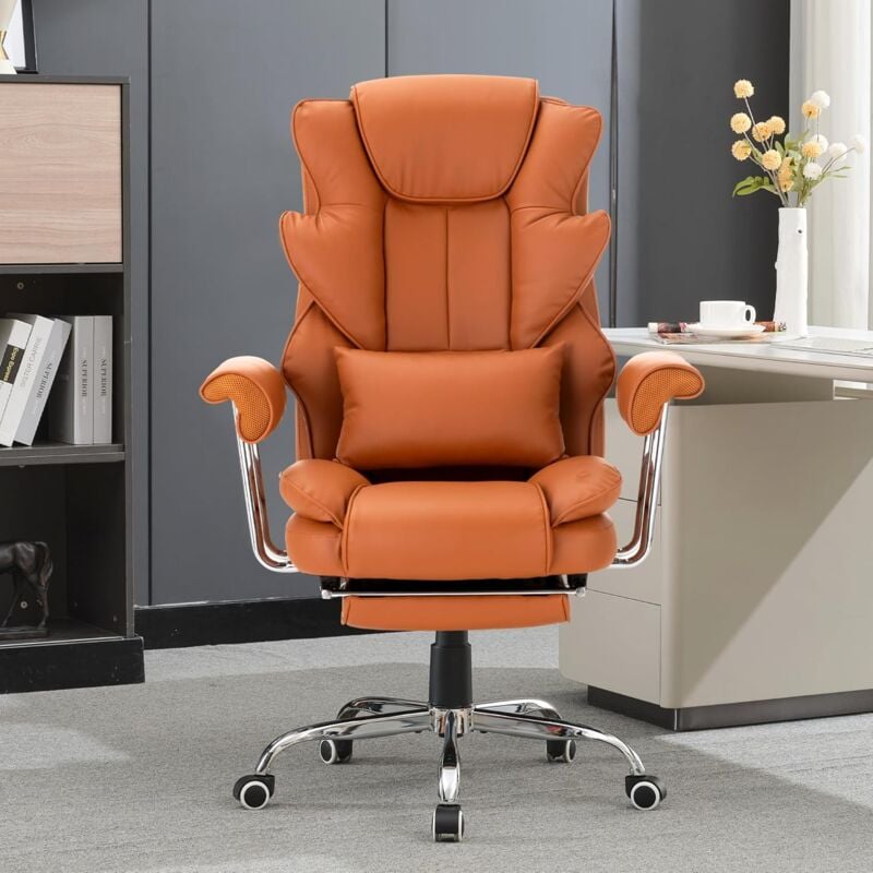 UEV - Chaise de Bureau Ergonomique en Cuir, Chaise Bureau avec Dossier Haut et Repose-Pieds, Fauteuil avec Oreiller Lombaire, Réglable en Hauteur,