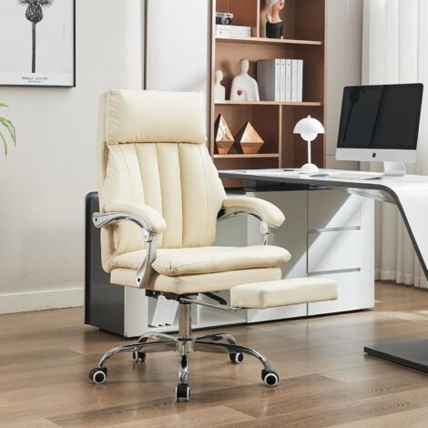 UEV Chaise de Bureau Ergonomique, Fauteuil Bureau avec Repose-Pieds, Accoudoirs Rembourrés, Réglable en Hauteur, Coussin de 9 cm d'épais, Inclinaison de 90° à 135°, Cuir PU, Capacité 150kg, Beige