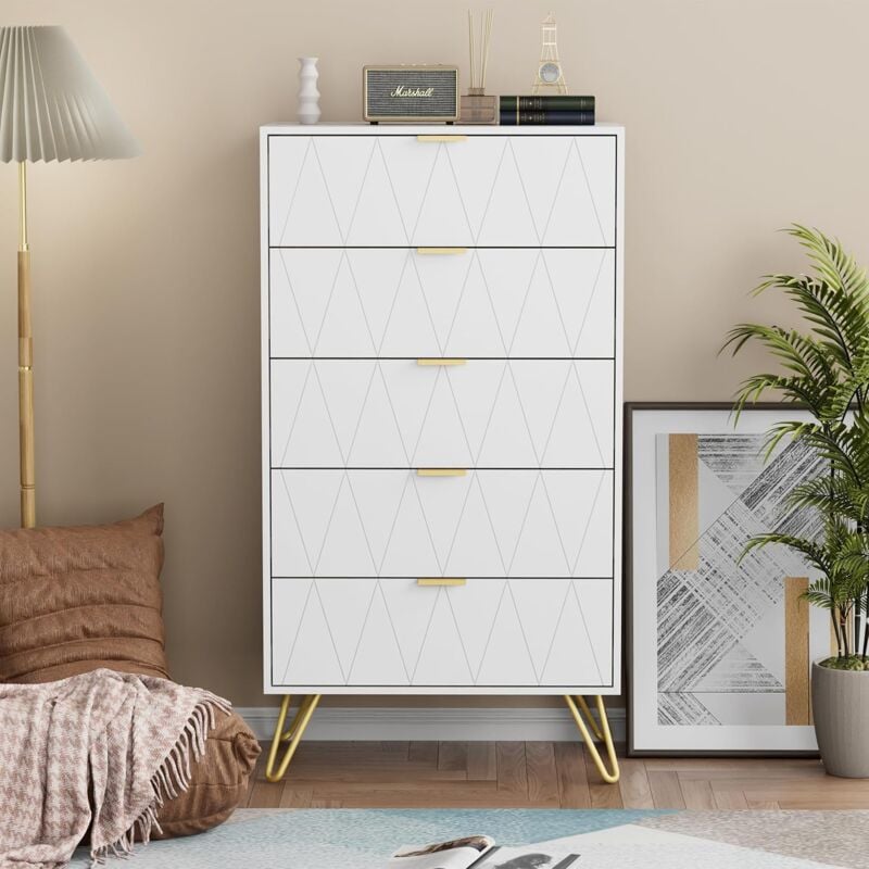 Commode à 5 Tiroirs, 60 x 34 x 110 cm, Commode de Rangement Moderne, Buffet avec Tiroirs, Commode Étroite pour Salon, Chambre, Couloir, Blanc - UEV