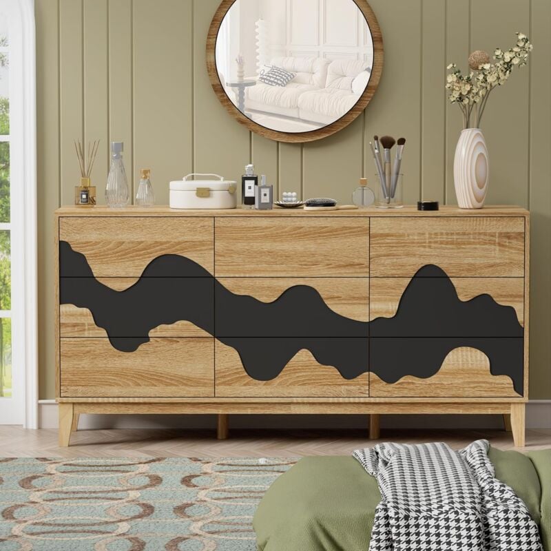 UEV - Commode à 9 Tiroirs 160cm, Armoire de Rangement, Grand Espace de Rangement, Motif Vague Irrégulière, pour Chambre à Coucher, Salon, Salle à
