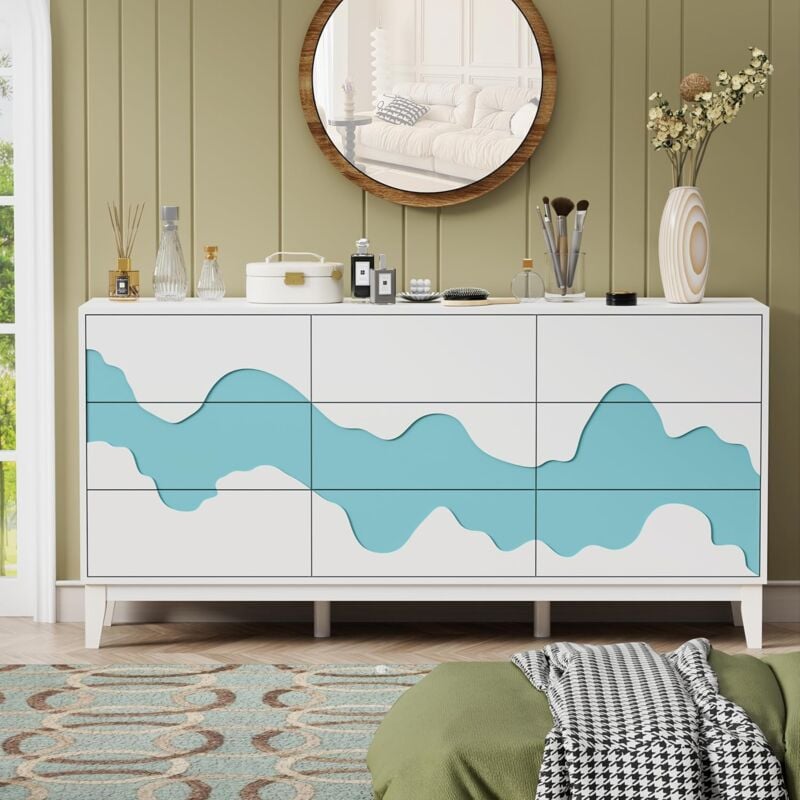 UEV - Commode à 9 Tiroirs 160cm, Armoire de Rangement, Grand Espace de Rangement, Motif Vague Irrégulière, pour Chambre à Coucher, Salon, Salle à