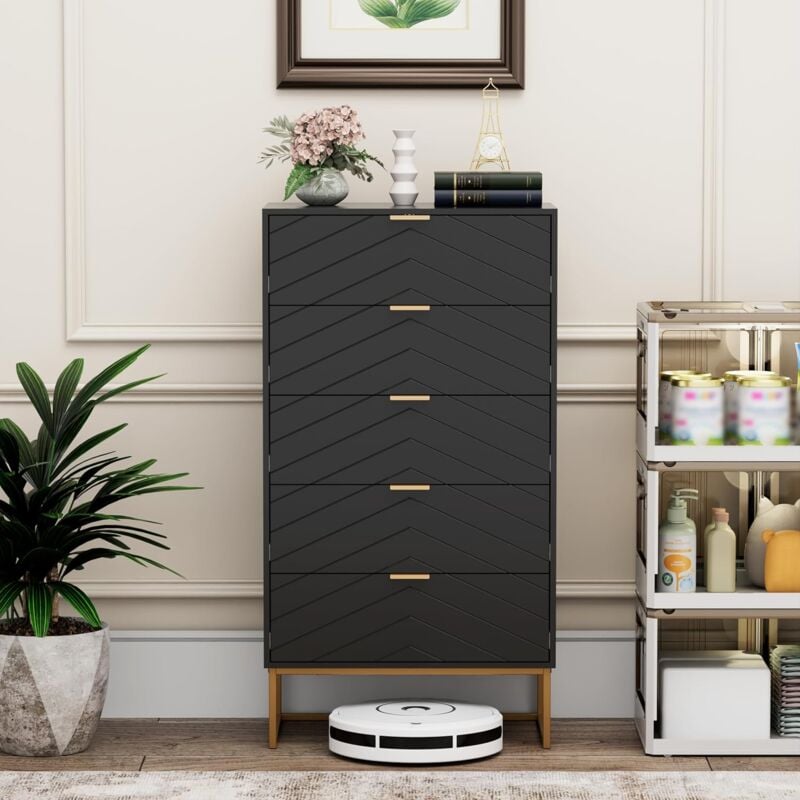 UEV - Commode avec 5 Tiroirs 60cm, Meuble de Rangement, Motif de Lignes, Style Scandinave Elégant, pour Salon, Chambre, Salle à Manger, 60x34x110cm,