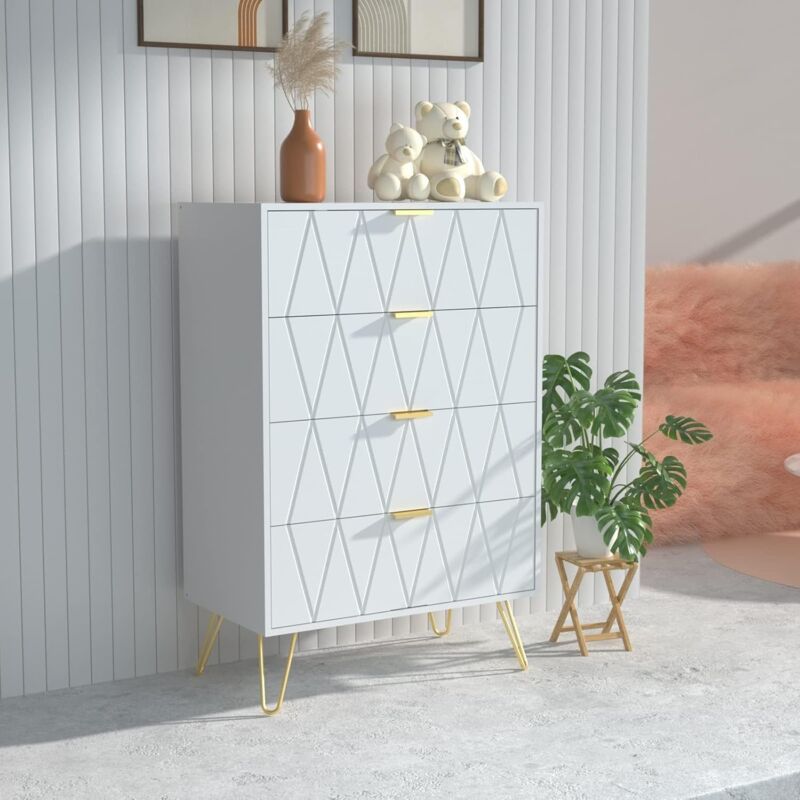 UEV - Commode 4 Tiroirs, Meuble de Rangement Bois, Style Simple et Élégant, Manche et Pieds Couleurs Dorées, 60 x 34 x 91 cm, Buffet pour Chambre,