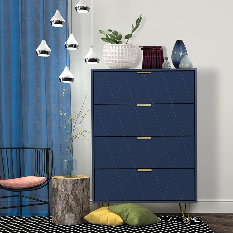 UEV Commode 4 Tiroirs, Meuble de Rangement Bois, Style Simple et Élégant, Manche et Pieds Couleurs Dorées, 60 x 34 x 91 cm, Buffet pour Chambre,