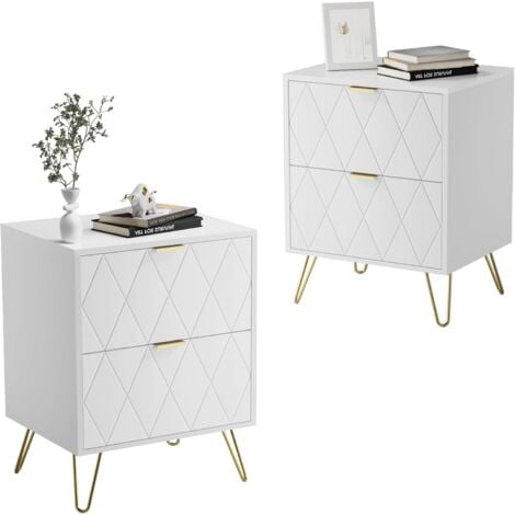 UEV Lot de 2 Table à Chevet, Table de Nuit, Table d’Appoint avec 2 Tiroirs, avec Manches et Pieds en Couleur Doré, Style Moderne, Scandinave pour Salon, Chambre, 40 x 30 x 52 cm, Blanc