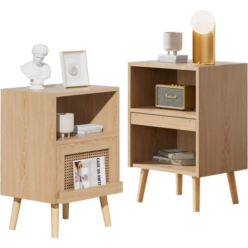 UEV Lot de 2 Tables de Chevet en Rotin avec Pieds, avec Cabinet de Rangement Ouvert/Caché, Table d'appoint pour Salon, Chambre à Coucher, Style