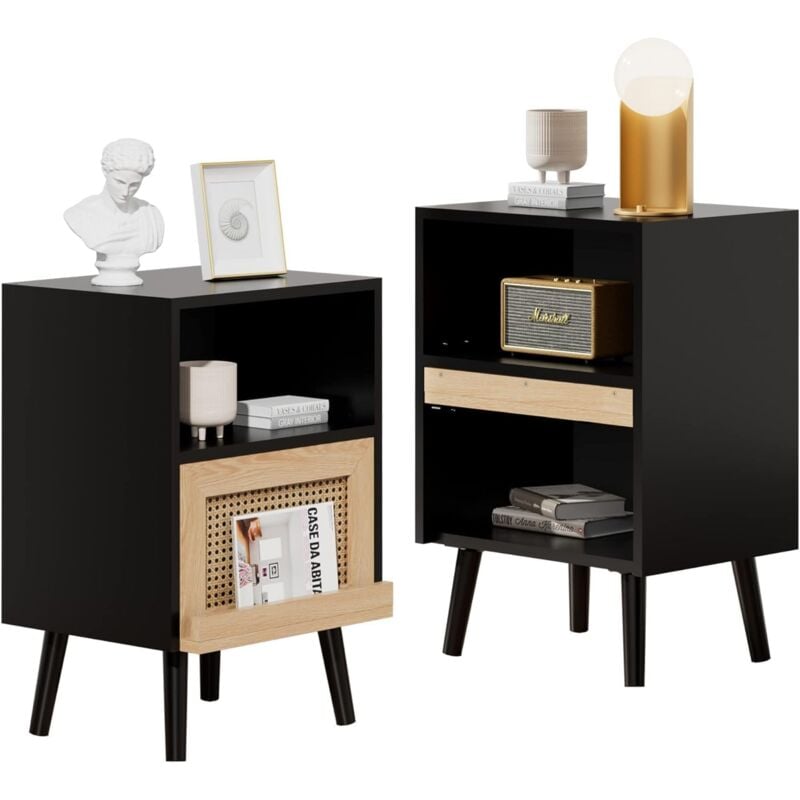 UEV - Lot de 2 Tables de Chevet en Rotin avec Pieds, avec Cabinet de Rangement Ouvert/Caché, Table d'appoint pour Salon, Chambre à Coucher, Style