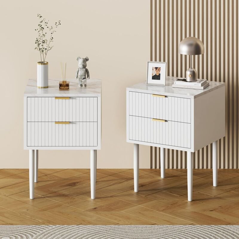UEV - Lot de 2 Tables de Chevet Plafond Marbré, Table d'Appoint avec Pieds en Métal, 2 Tiroirs de Rangement, Style Scandinave Ligne, pour Salon,