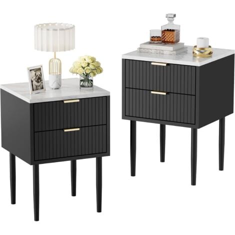UEV Lot de 2 Tables de Chevet Plafond Marbré, Table d‘Appoint avec Pieds en Métal, 2 Tiroirs de Rangement, Style Scandinave Ligne, pour Salon, Chambre, Bureau, 42 x 40 x 68 cm, Noir