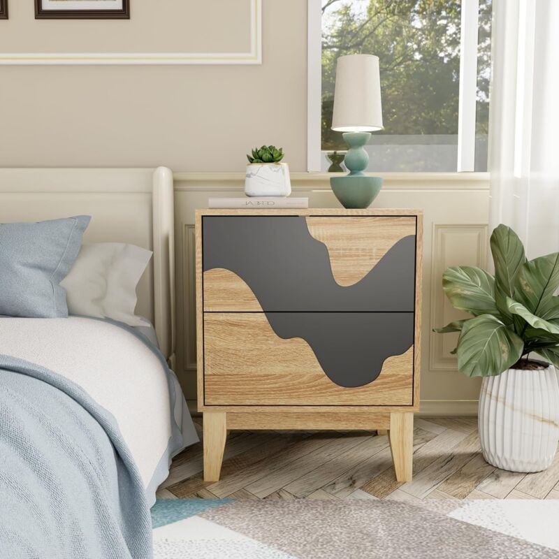 UEV - Lot de 2 Tables de Chevet, Table de Nuit avec 2 Tiroirs, Table d'appoint avec Motif Vague Irrégulière, pour Chambre à Coucher, Salon, 45 x 35 x