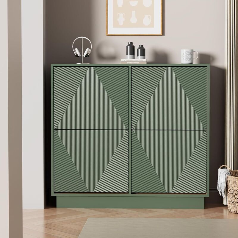 UEV Meuble à Chaussures Ultra-Mince à 4 Abattants, Armoire à Chaussures Design Rétro Vert avec Motifs Linéaires, Rangement Gain de Place pour Entrée
