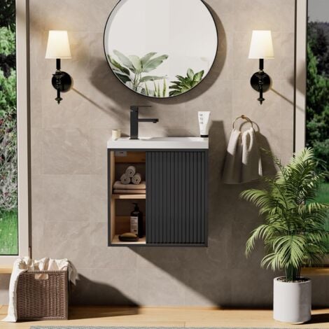 UEV Meuble Lave-Mains Mural, Meuble Lavabo Suspendu, Lavabo en Résine, Espace de Rangement Caché/Ouvert, Motif Bois Naturel, 51 x 30,5 x 54 cm, Naturel