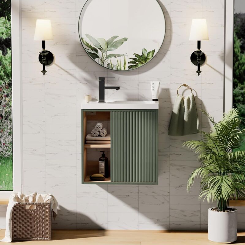 UEV – Meuble lave-mains mural en résine – Rangement caché et ouvert