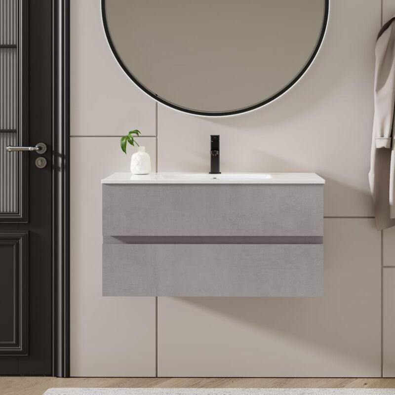 UEV - Meuble Salle de Bain avec Deux Tiroirs, Meuble Suspendu 90cm, avec Lavabo en Céramique, Tiroirs avec Grand Espace de Rangement, Poignée cachée,