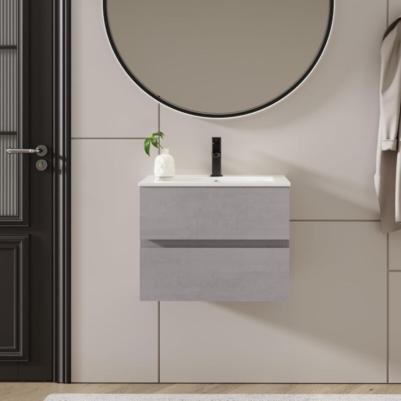 UEV - Meuble Salle de Bain avec Deux Tiroirs, Meuble Suspendu 60cm, avec Lavabo en Céramique, Tiroirs avec Grand Espace de Rangement, Poignée cachée,
