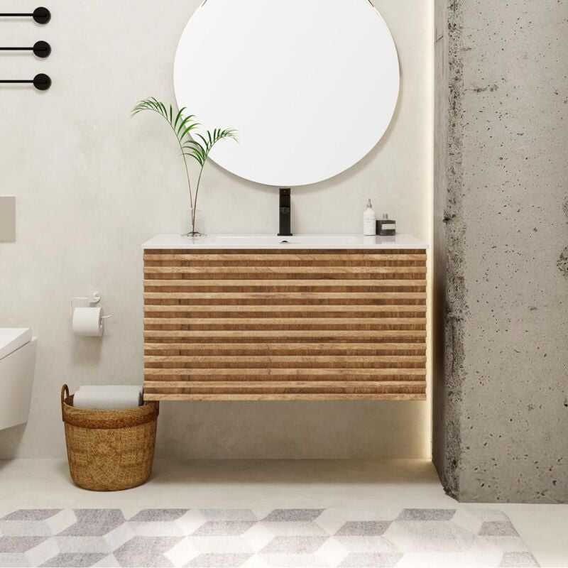 UEV Meuble Salle de Bain, avec Lavabo en Céramique, Lavabo Suspendu 90cm, 2 Tiroirs avec Système de Fermeture en Douceur, Grand Espace de Rangement,